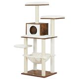 FEANDREA Kattenboom, speeltoren van 138 cm, voor huisdieren, hondenhok, kattenmeubel, meerdere niveaus, met krabpaal, met hangmat, platform, zachte pluche stof, wasbare hoes, rustiek bruin