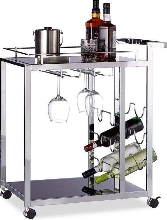 Relaxdays Serveerwagen - Glas - Met Wijnrek - Zwart/Zilver