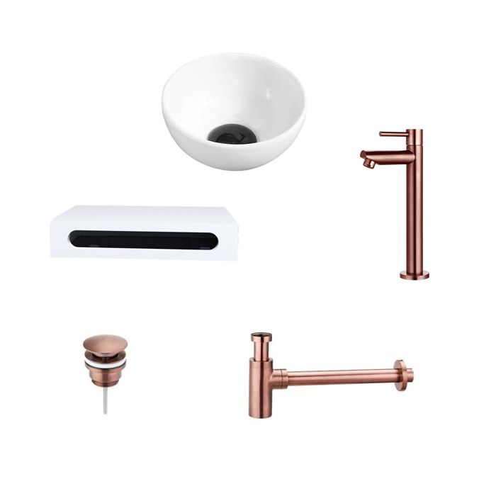 Waskom Keramiek Wit Rond met Planchet en Brons Accessoires 40x22x8 cm