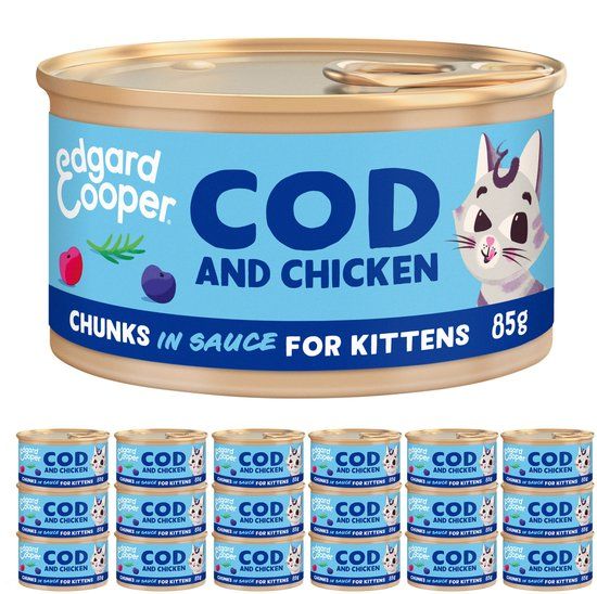 Edgard & Cooper Kattenvoer Graanvrij Natvoer voor Katten Junior Gesteriliseerde of Actieve Kitten Kat Natuurlijke Stukjes in Saus 85g x 18 Verse Kabeljauw & Kip