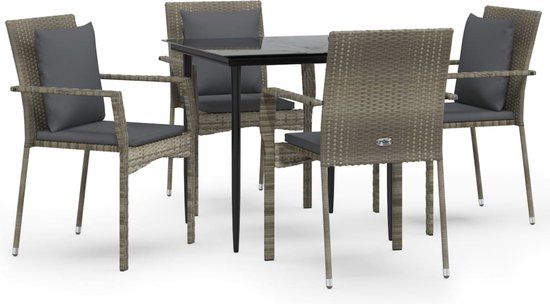 vidaXL 5-delige Tuinset met kussens poly rattan zwart en grijs