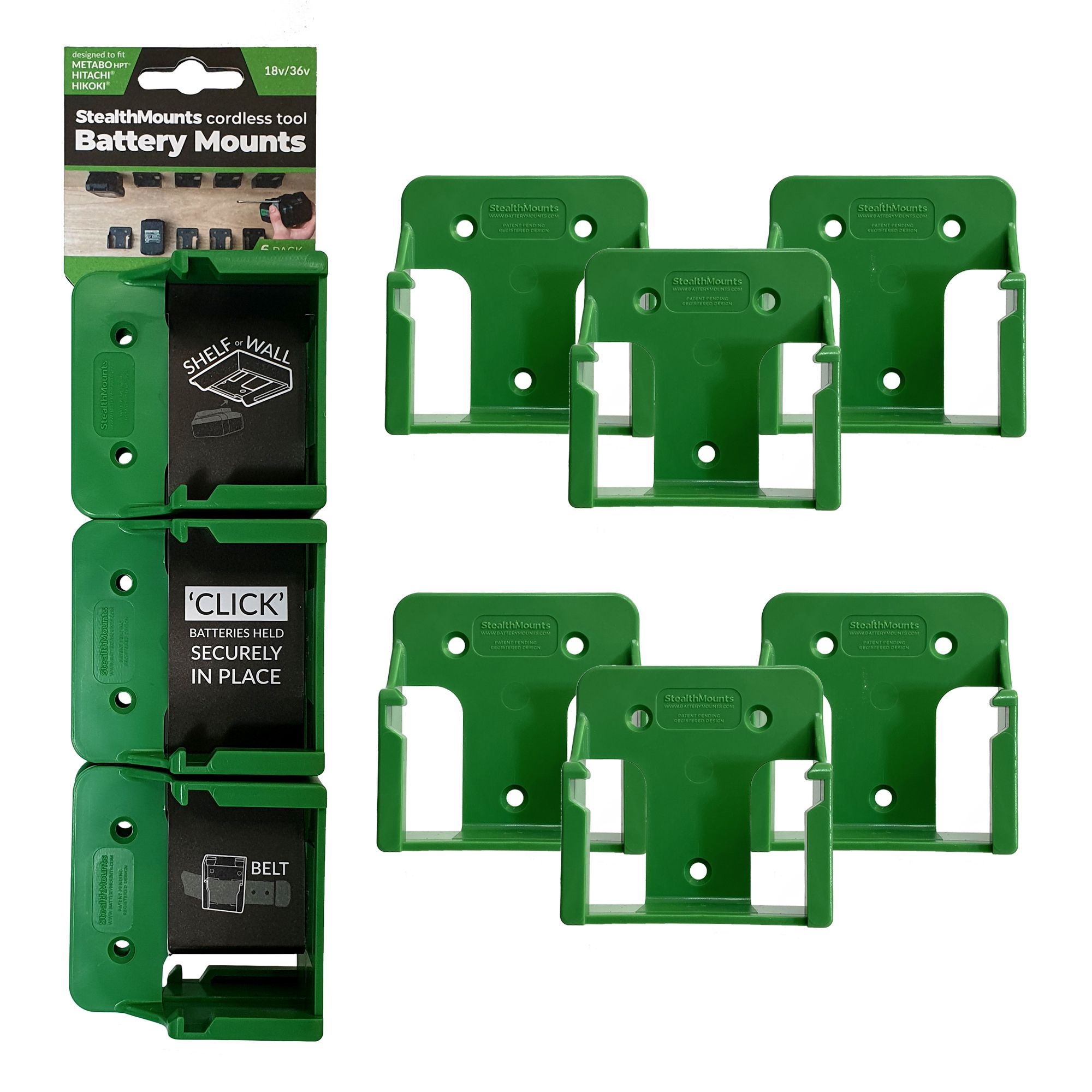 StealthMounts BM-MHH18-GRN-6 Accuhouder Voor Hikoki/Hitachi 18V/36V - Groen - 6-pack