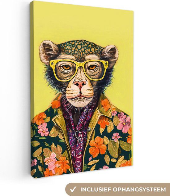 OneMillionCanvasses Canvas schilderij 90x140 cm Aap - Dieren - Bril - Bloemen - Multicolor - Rechthoek