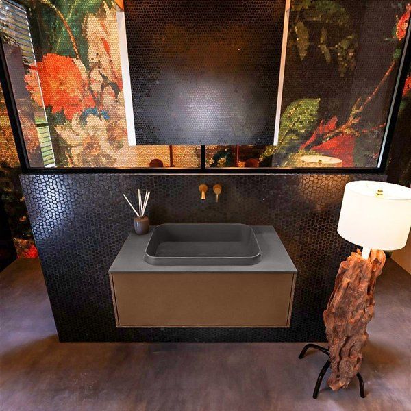 Mondiaz ERIN 80cm badmeubelset onderkast Rust met 1 lade + Wastafel RIDGE Dark grey