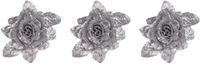 Cosy&Trendy Kerstboomversiering Bloemen - 3x - 10 cm - zilver glitter - op clip - ornament - roos