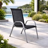 Chaise d'extérieur, chaise de jardin, chaise empilable, métal, argent, textile, noir