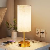UPXNBOR Touch Nachtkastlamp met USB-A- en USB-C-oplaadpoorten, Bureaulamp, 3 helderheidsniveaus, Stoffen lampenkap van linnen, Kleine tafellamp, Kabel 1,5 m, Goudkleurig (E27-lamp inbegrepen)