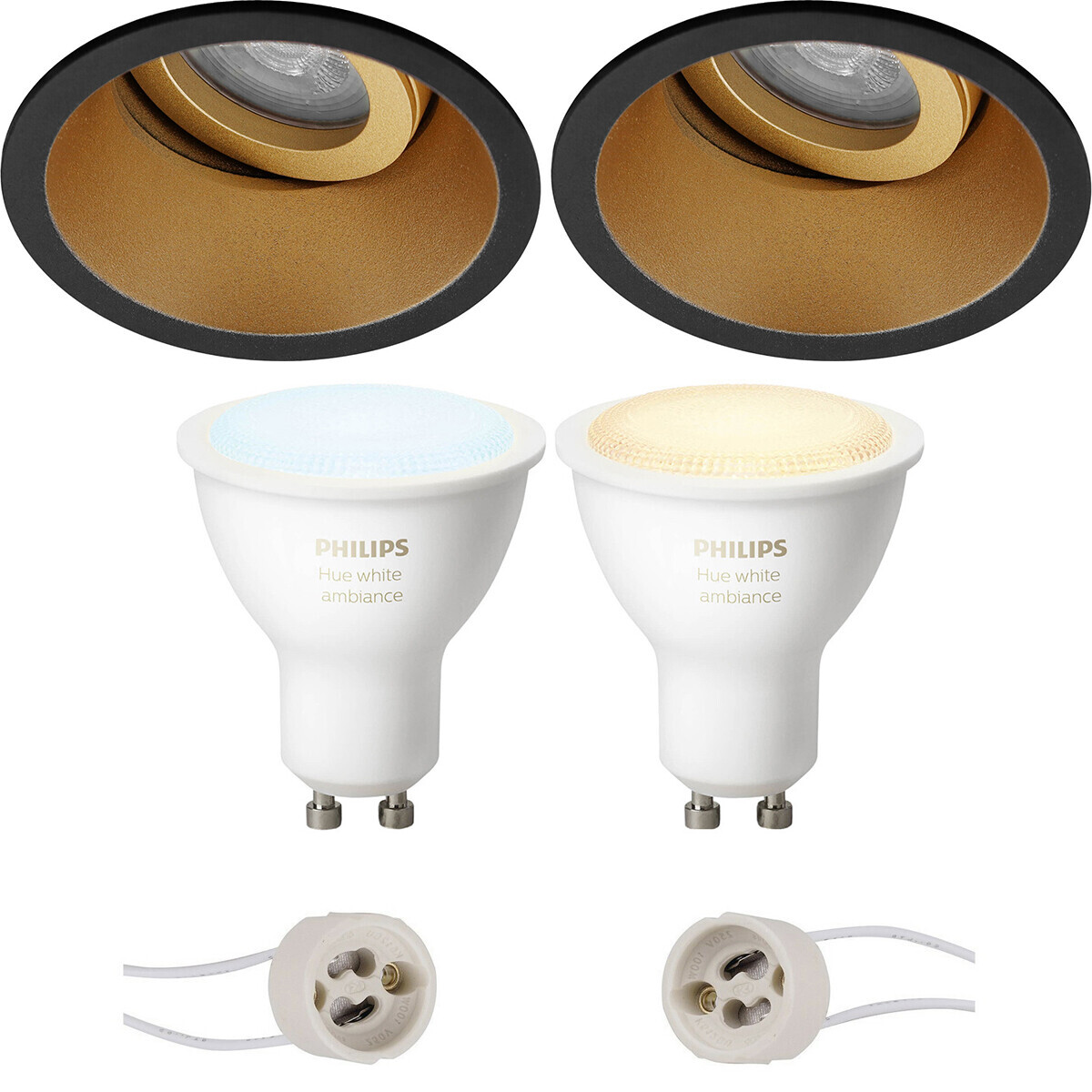 BES LED Pragmi Zano Pro - Inbouw Rond - Mat Zwart/Goud - Kantelbaar - Ø93mm - Philips Hue - LED Spot Set GU10 - White Ambiance - Bluetooth