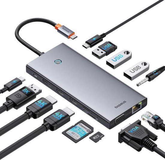 Baseus USB C Docking Station - Zilver - 4 USB-poorten