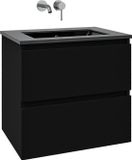 Saniclass Chaci Ensemble de meubles de salle de bain - 60x45x55cm - lavabo en céramique noir mat - 1 vasque - sans trou pour robinet - 2 tiroirs - noir mat