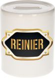 Bellatio Decorations Shoppartners Bv Spaarpot met voornaam Reinier - wit - met goud/zwart embleem - 8 x 9 cm - keramiek - met afsluitdop - cadeau verjaardag