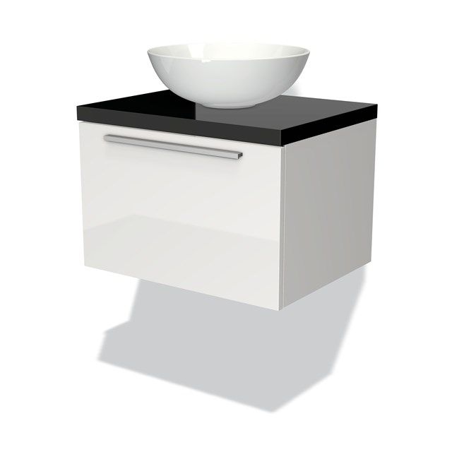 Maxaro Badkamermeubel voor Waskom 60cm Modulo Plato Hoogglans Wit 1 Lade Vlak Hoogglans Zwart Blad