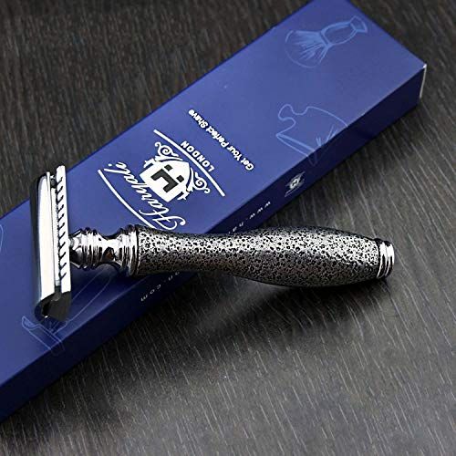 Haryali London Silver Antique Inspired scheerapparaat & leren beschermhoes | Retro Wet scheerbeurt voor mannen | Gent Grooming Gift