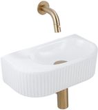 QeramiQ Fuente fonteinset – halfrond – 40x21.5x12 cm – keramiek wit glans – geborsteld gouden kraan – geribbeld