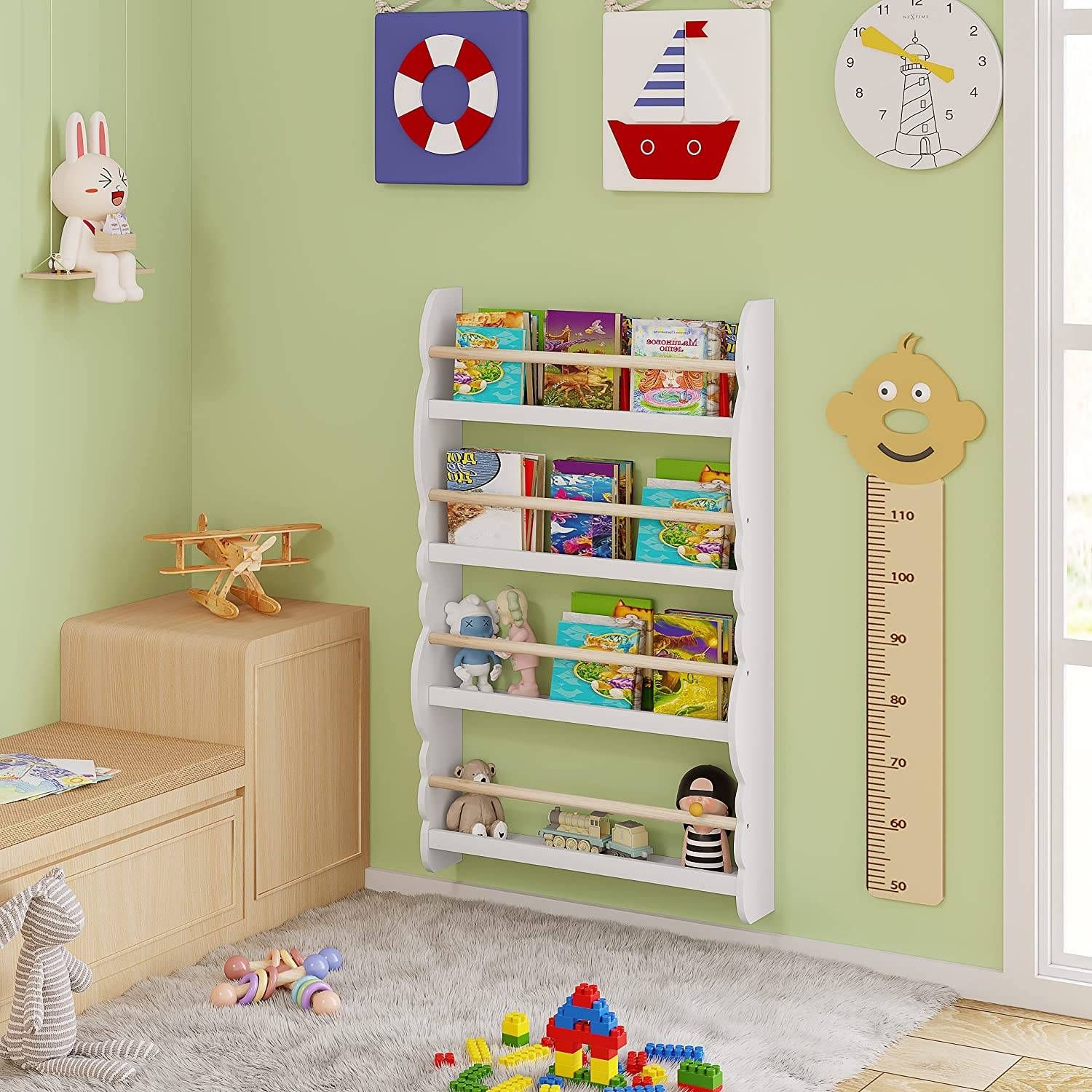 WOLTU Kinderboekenkast Wandplank, Boekenorganizer met 4 Niveaus, Kinderboekopbergrek, Gemaakt van E1 MDF Grenenhout, voor Kinderkamer Speelkamer, Wit