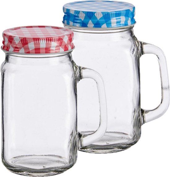 Vivalto Set van 4 Mason Jar drinkbekers met gekleurde dop 430 ml - anti-lek drinkglazen