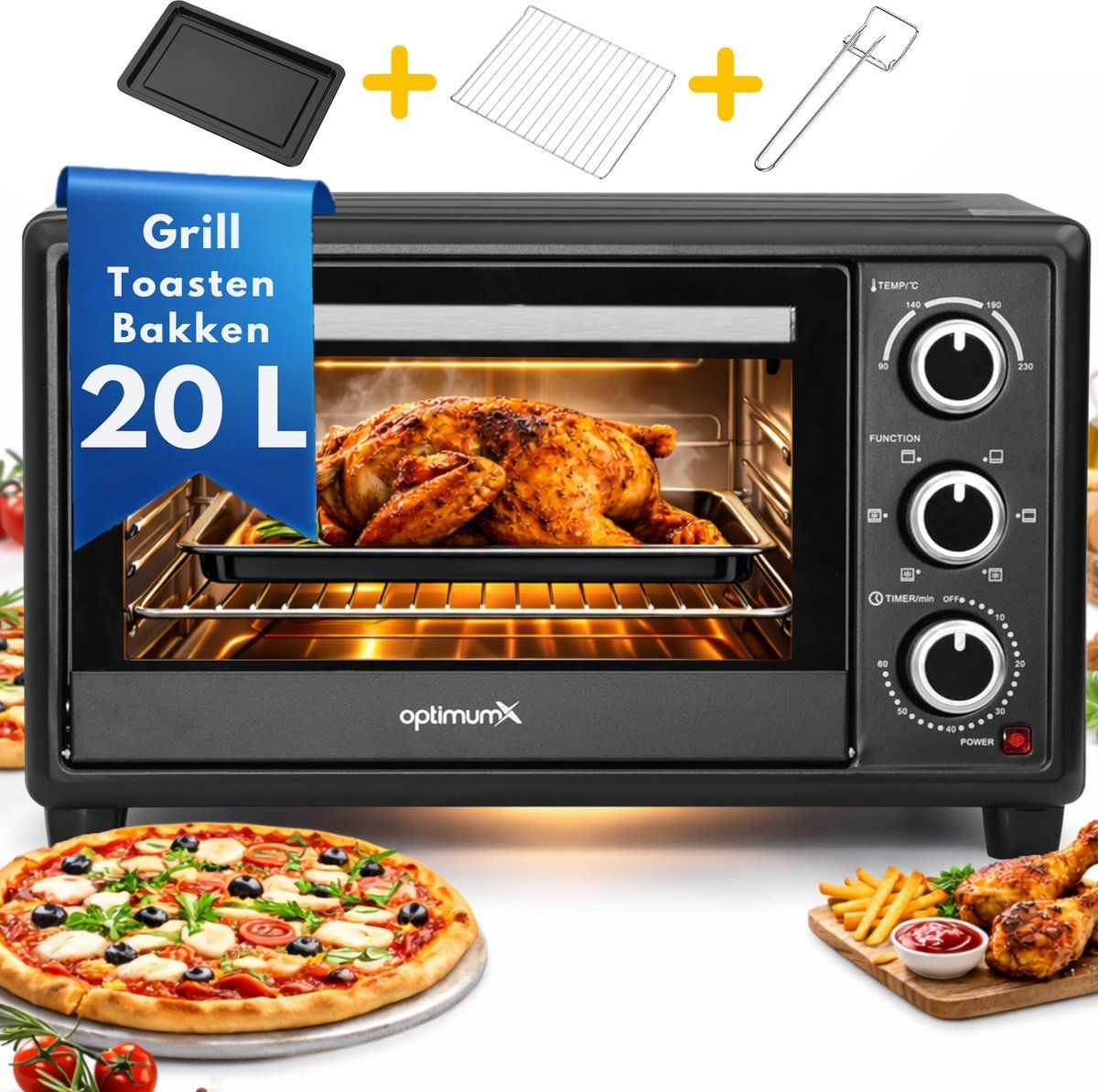 OptimumX Vrijstaande Oven - 20L - Kleine Oventje - Pizzaoven - Mini Oven - Camping Oven - Hetelucht - Timer - Zwart - 1380 Watt
