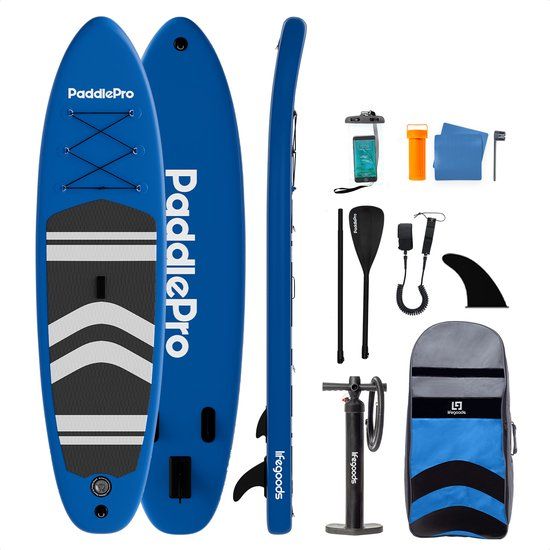 LifeGoods PaddlePro SUP Board - Opblaasbaar Paddle Board - Complete Set - Max. 150KG - 320x81cm - Blauw