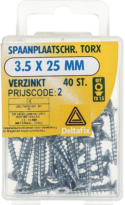 Deltafix Spaanplaatschroef. platkop / torx / met nibs / type 17 snijpunt. Verzinkt. 3.5 x 25mm. lang. 40 Houtschroeven.