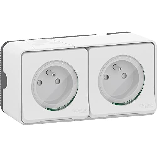 SCHNEIDER ELECTRIC MUR36027 Mureva Styl, dubbel stopcontact, voorbekabeld, 2P+T, standaard FR, 16 A, IP55, snelverbinding, Mureva Styl, opbouw, IP55 - IK08, wit