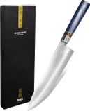 Shinrai Japan Koksmes 20 cm Damascus Roestvrijstaal Hout Zilver Blauw Bruin Ergonomisch