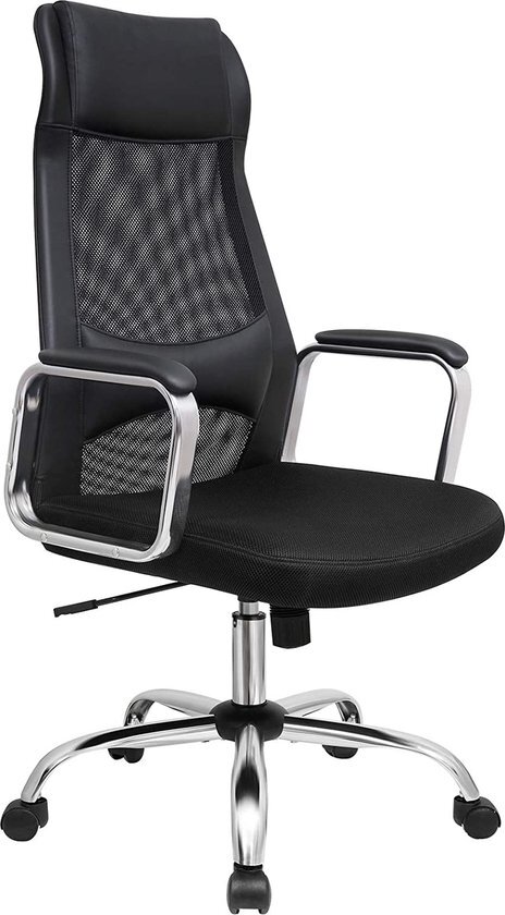 Songmics Bureaustoel van zeildoek, ergonomische stoel, kantelmechanisme, ademend, met hoofdsteun, lendensteun, voor kantoor, belasting 120 kg, zwart OBN33BK
