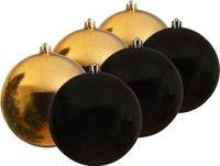 Decoris Kunststof Kerstballen 6x Stuks Goud en Zwart 14 cm