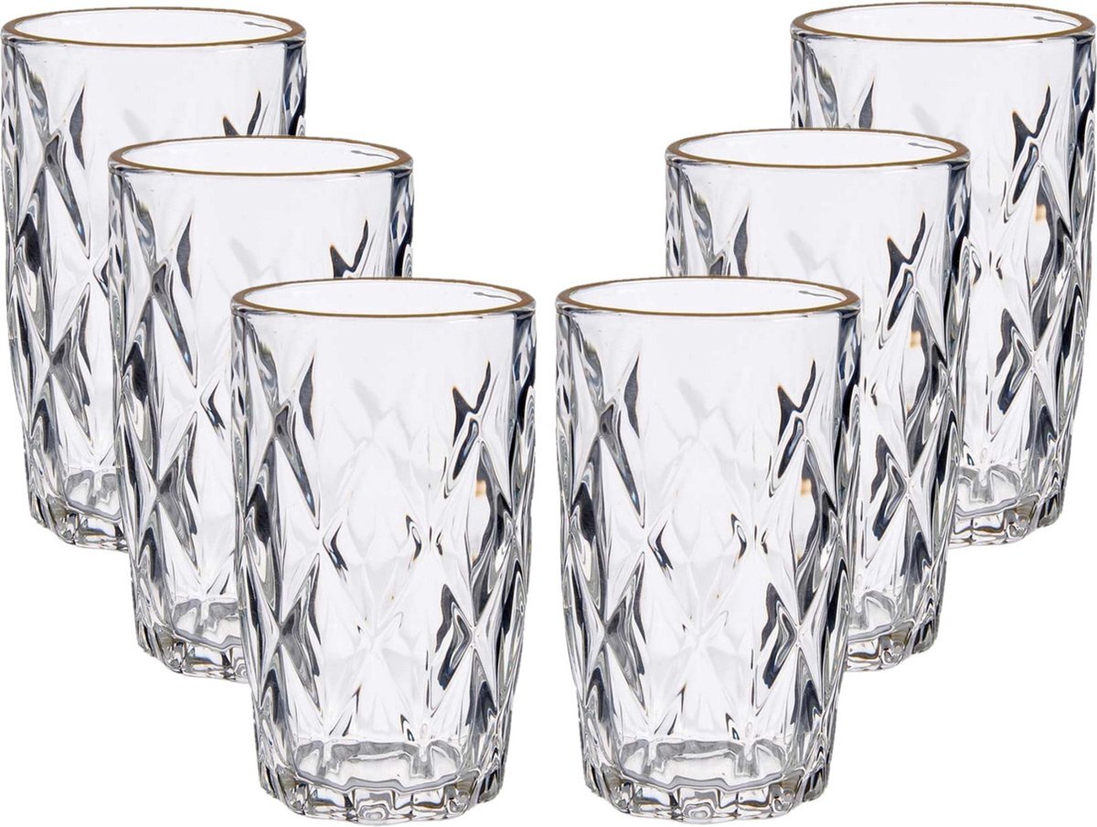 Vivalto Set van 6x stuks luxe gedecoreerd glas drinkglazen/waterglazen van 340 ml transparant/goud - Per glas 8 x 12.5 cm