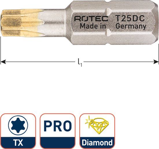 Rotec PRO Insertbit T 25 L=25mm C 6,3 DIAMANT - 10 stuks - 8063025