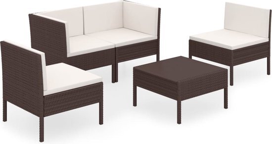 vidaXL 5-delige Loungeset met kussens poly rattan bruin