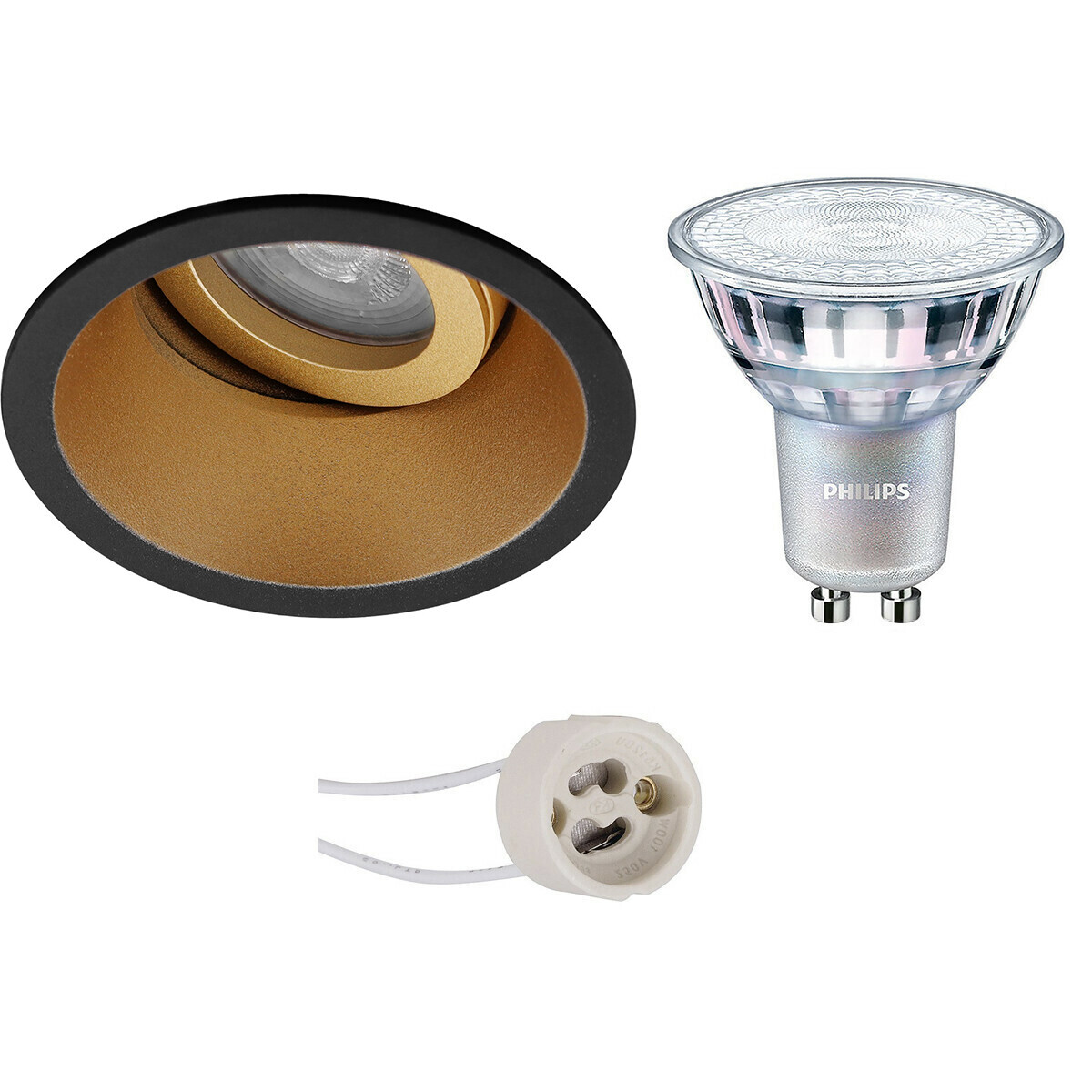 BES LED LED Spot Set - Pragmi Zano Pro - GU10 Fitting - Inbouw Rond - Mat Zwart/Goud - Kantelbaar - Ø93mm - Philips - MASTER 927 36D VLE - 4.9W - Warm Wit 2200K-2700K - DimTone Dimbaar