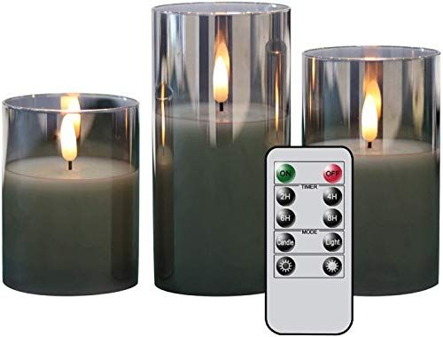 Eldnacele Grijze glazen vlamloze kaarsen flikkeren met afstandsbediening, 3D Wick Batterij Werkt Realistische Warm Licht Kaars met Timer, Set van 3 (D3\" x H4\"/5\"/6\") voor Feest Bruiloft Kerstdecoratie