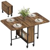 HOMCOM Opvouwbare eettafel op wielen, keukentafel voor 6 personen met 2 kleppen en geïntegreerd rek, voor kleine ruimtes, eetkamer, 130 x 80 x 74 cm, bruin