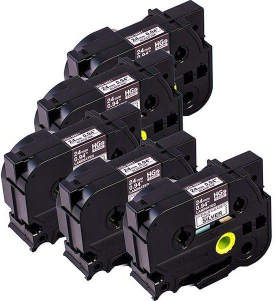 Brother HGe-M951V5 Labeltape Set van 5 stuks - Zilver (mat) - Zwart - 24 mm - 8 m