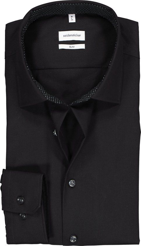 Seidensticker Slim Fit Overhemd - Zwart (Gestipt Contrast) - Maat 40
