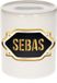 Bellatio Decorations Shoppartners Bv Spaarpot met voornaam Sebas - wit - met goud/zwart embleem - 8 x 9 cm - keramiek - met afsluitdop - cadeau verjaardag