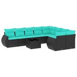 vidaXL 10-delige tuinbankset met kussens van zwart polyrotan