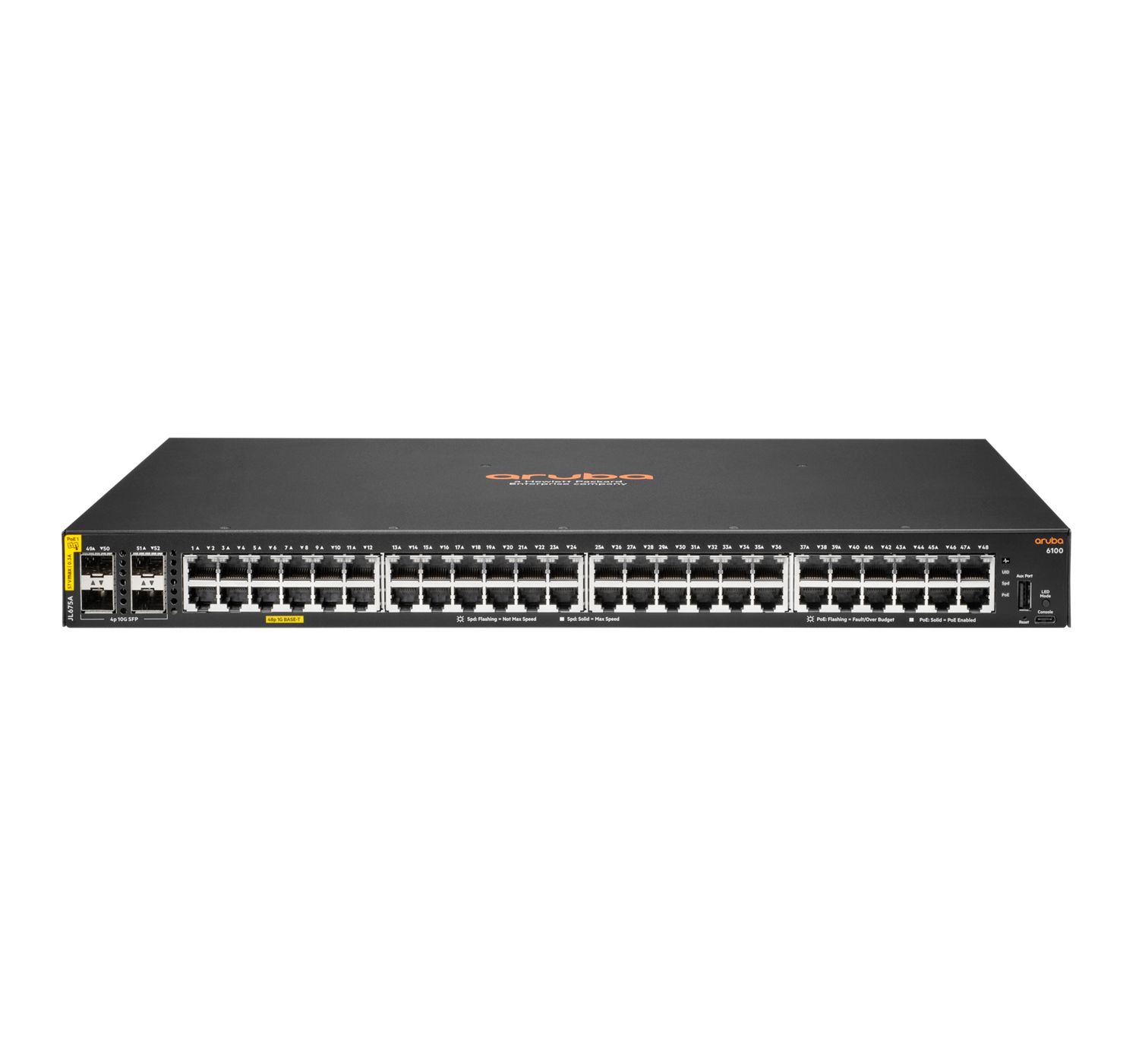 Aruba 6100 48-Port Gigabit Ethernet PoE Switch with 4 SFP+ Slots - Managed, L3, 370W, 1U - Black