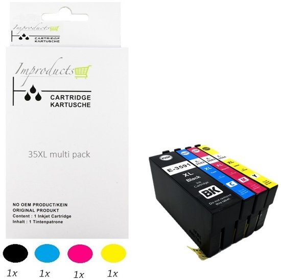 Improducts Â® Huismerk Inktcartridge Alternatief Epson 35 XL inktcartridge set 4 pack (1x T3591 XL zwart, 1x T3592 XL cyaan, 1x T3593 XL magenta, 1x T3594 XL geel) = 1x multipack