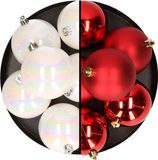 Merkloos / Sans marque Kaemingk B.V. 12x stuks kunststof kerstballen 8 cm mix van parelmoer wit en rood