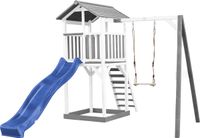 AXI Beach Tower Speeltoestel in Grijs/Wit - Speeltoren met Enkele Schommel, Blauwe Glijbaan en Zandbak - FSC hout - Speelhuis op palen voor de tuin