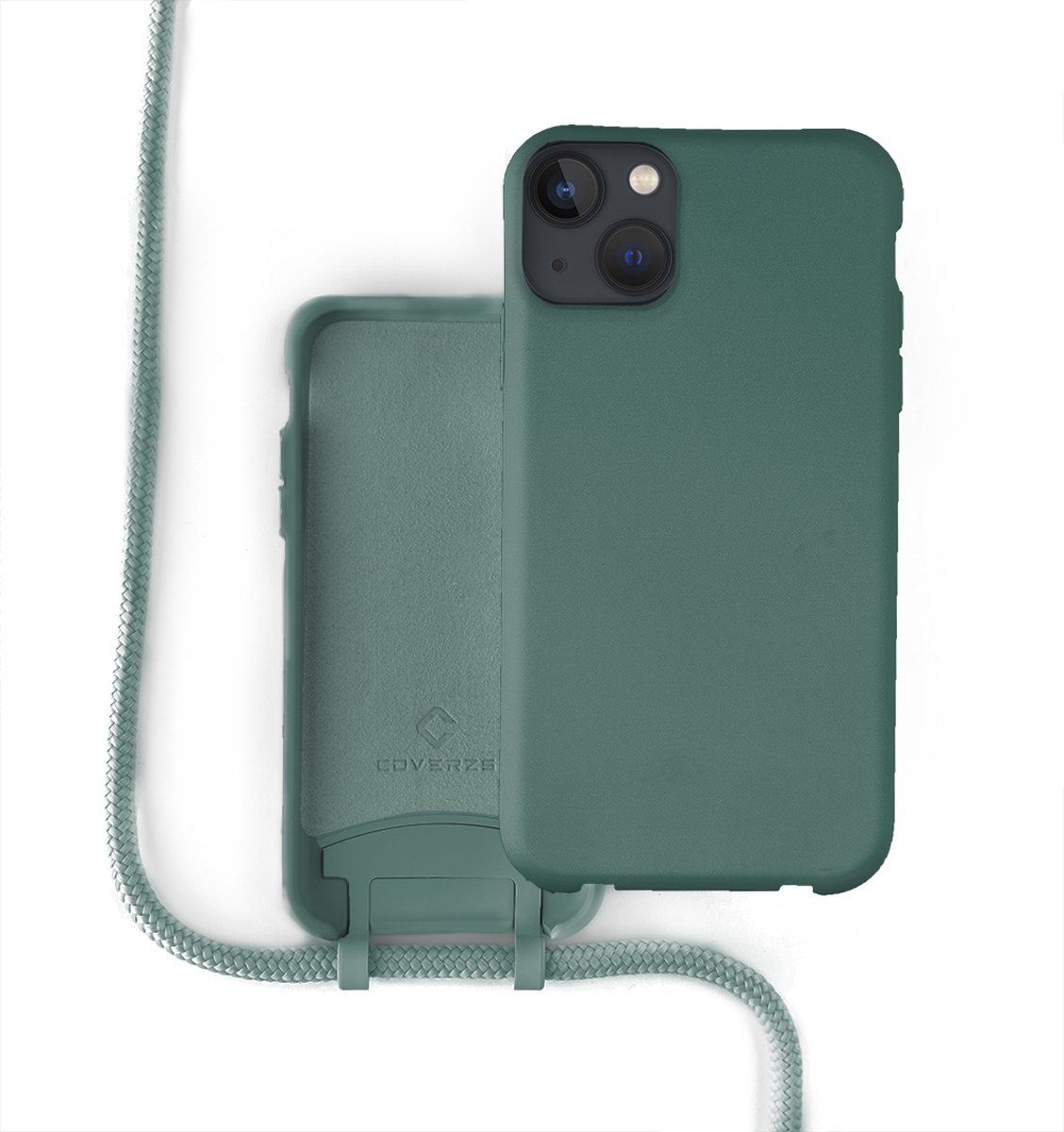 Coverzs Silicone case met koord - Telefoonhoesje met koord - Backcover hoesje met koord - geschikt voor Apple iPhone 13 - donkergroen