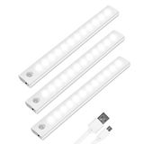 Vicloon kastverlichting met bewegingssensor, 3 Stuks 12 LED-kastverlichting, automatische LED-kastverlichting, USB oplaadbaar kastnachtlampje met magnetische strip voor kledingkast, kast, trappen