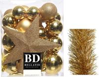 Decoris Shoppartners Bv Kerstversiering kunststof kerstballen 5-6-8 cm met ster piek en folieslingers pakket goud van 35x stuks