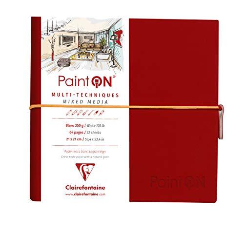 Clairefontaine 975435C Paint'On notitieboek, 64 witte pagina's, 19 x 19 cm, 250 g, elastieksluiting, rood