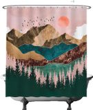 Ulticool Douchegordijn Anti Schimmel – Kunst Natuur Bos Bergen Bohemian - 180x180 cm – Inclusief Ringen – Waterdicht & Wasbaar - Semi Transparant - Aesthetic Hippie Boho Decoratie Landelijk - Roze Blauw Groen