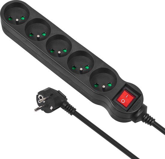 Maclean Stekkerdoos 5-voudig - 3m - Zwart