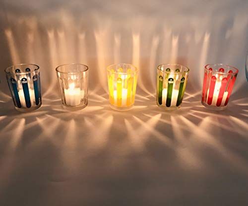 CIERGERIES DU SUD EST Set van 6 verlichtingsglazen - buiten binnen - decoratief - 19 cm * 12 cm * 9 cm - bonte glazen/rood/geel/blauw/groen/transparant