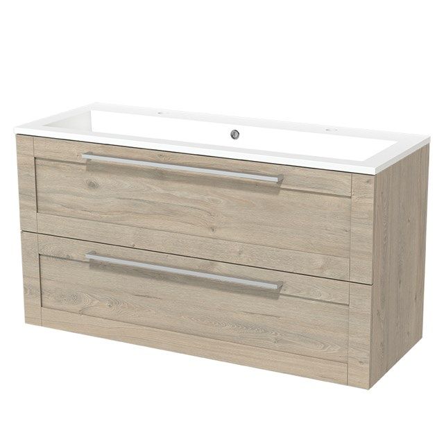 Maxaro Badkamermeubel 120cm Modulo Lichtgrijs Eiken 2 lades Kader Wastafel Mineraalmarmer
