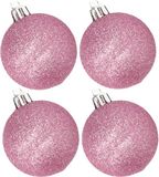 Cosy&Trendy Billiet - Vanlaere 4x stuks kunststof glitter kerstballen roze 10 cm